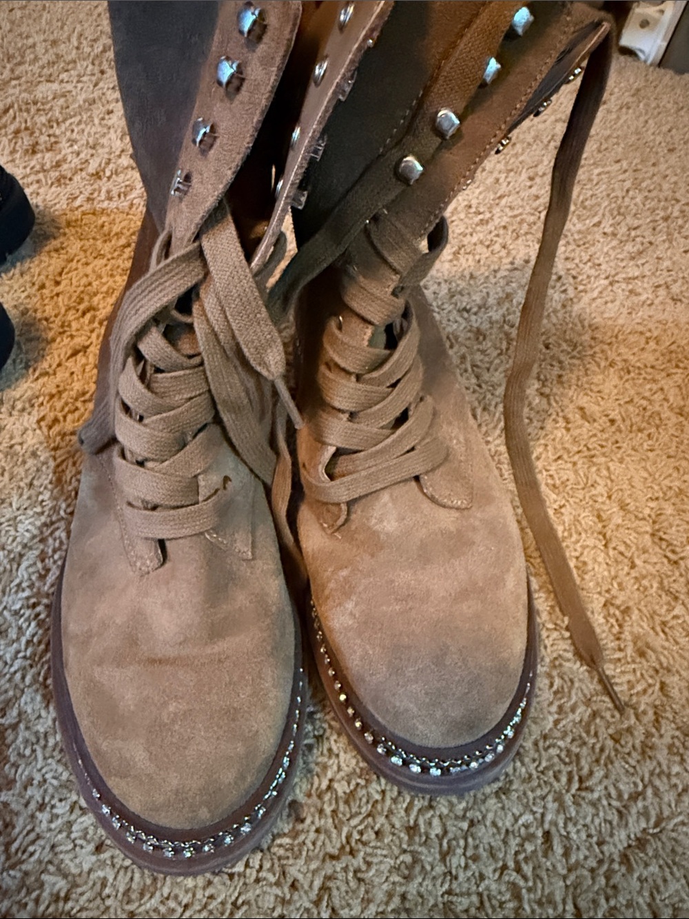 Vince Camuto Taupe Suede Lace-Up Ankle Boots with Studded Trim